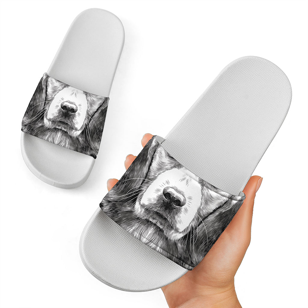 Black And White Drawing Beagle Print White Slide Sandals