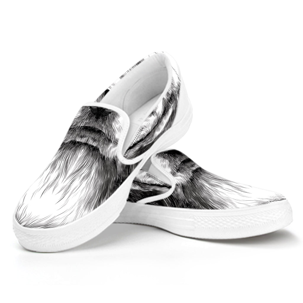 Black And White Drawing Beagle Print White Slip On Shoes