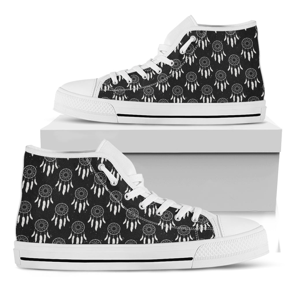 Black And White Dream Catcher Print White High Top Shoes