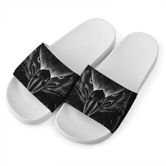 Black And White Eagle Print White Slide Sandals