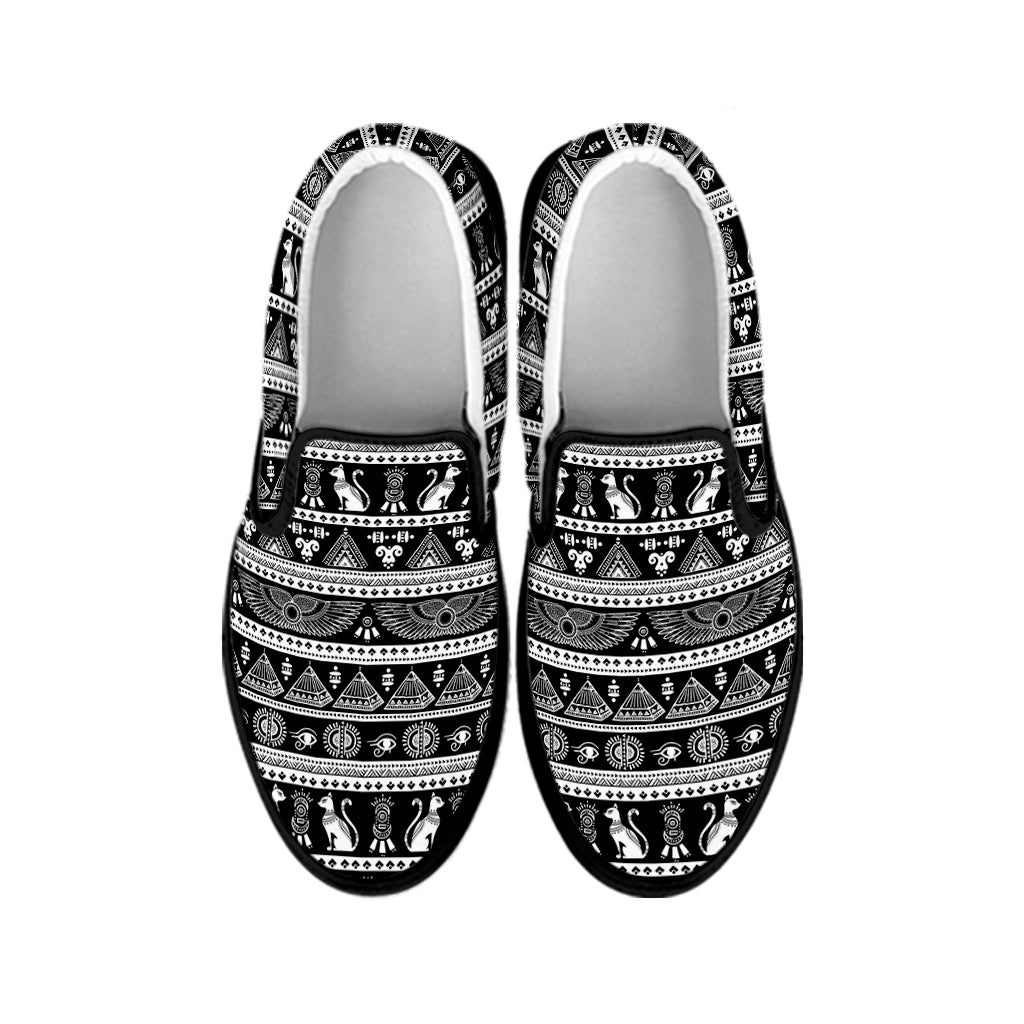 Black And White Egypt Pattern Print Black Slip On Shoes