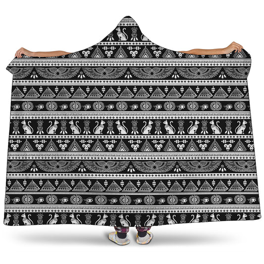 Black And White Egypt Pattern Print Hooded Blanket