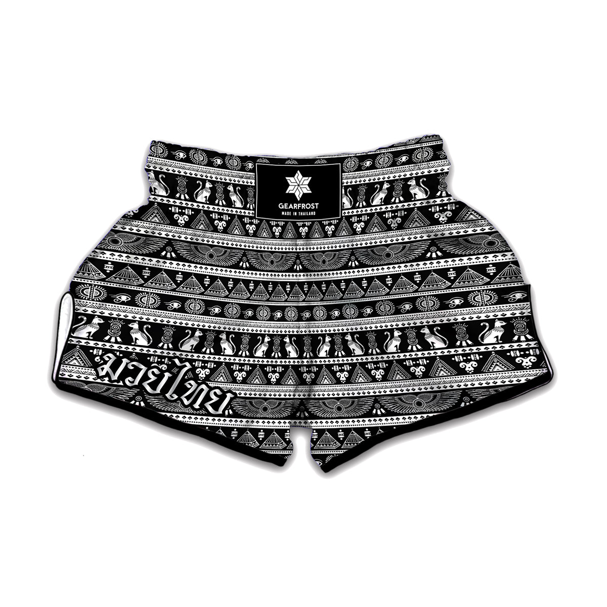 Black And White Egypt Pattern Print Muay Thai Boxing Shorts