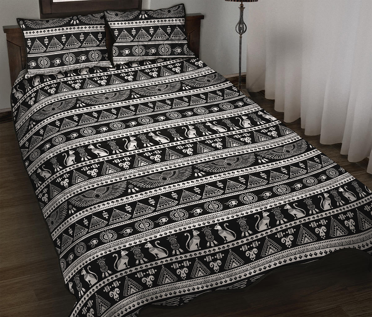 Black And White Egypt Pattern Print Quilt Bed Set