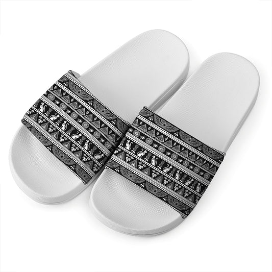 Black And White Egypt Pattern Print White Slide Sandals