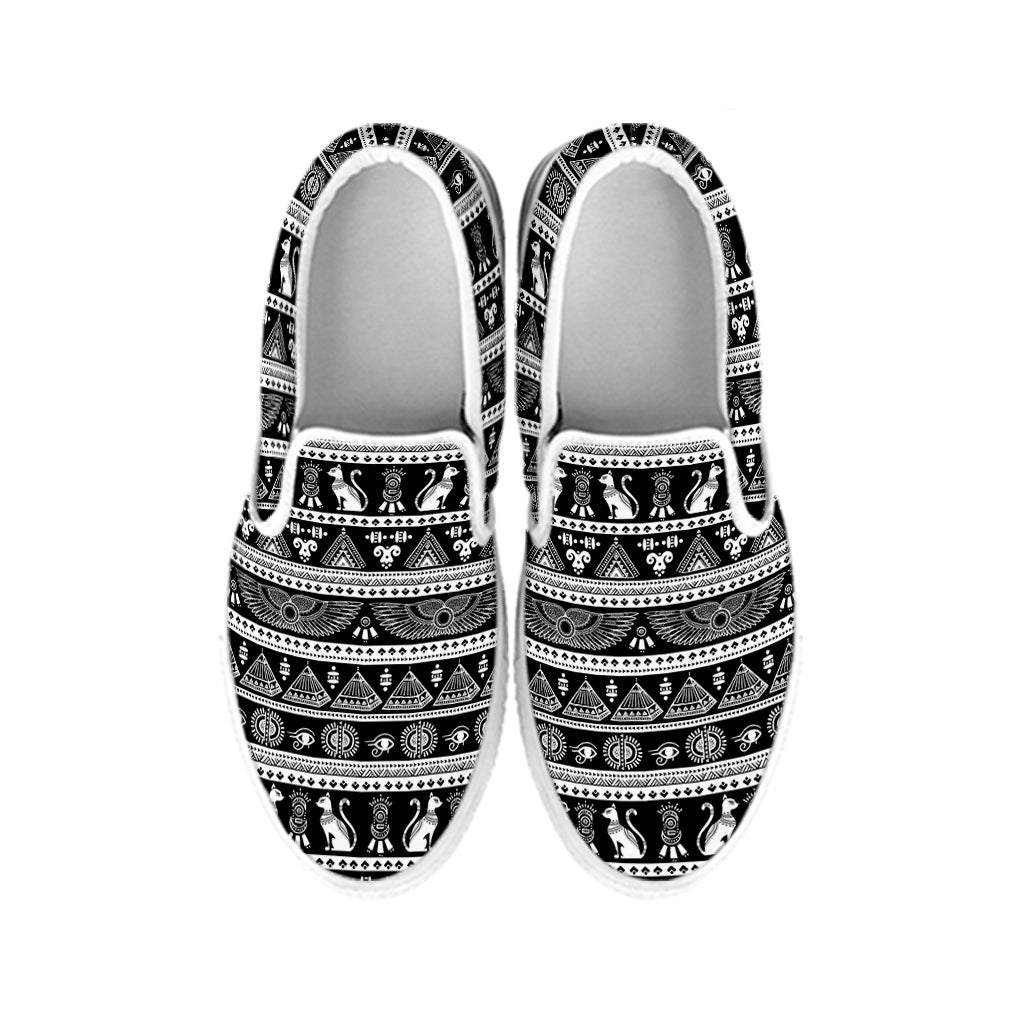 Black And White Egypt Pattern Print White Slip On Shoes