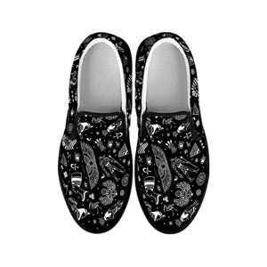 Black And White Egyptian Pattern Print Black Slip On Shoes