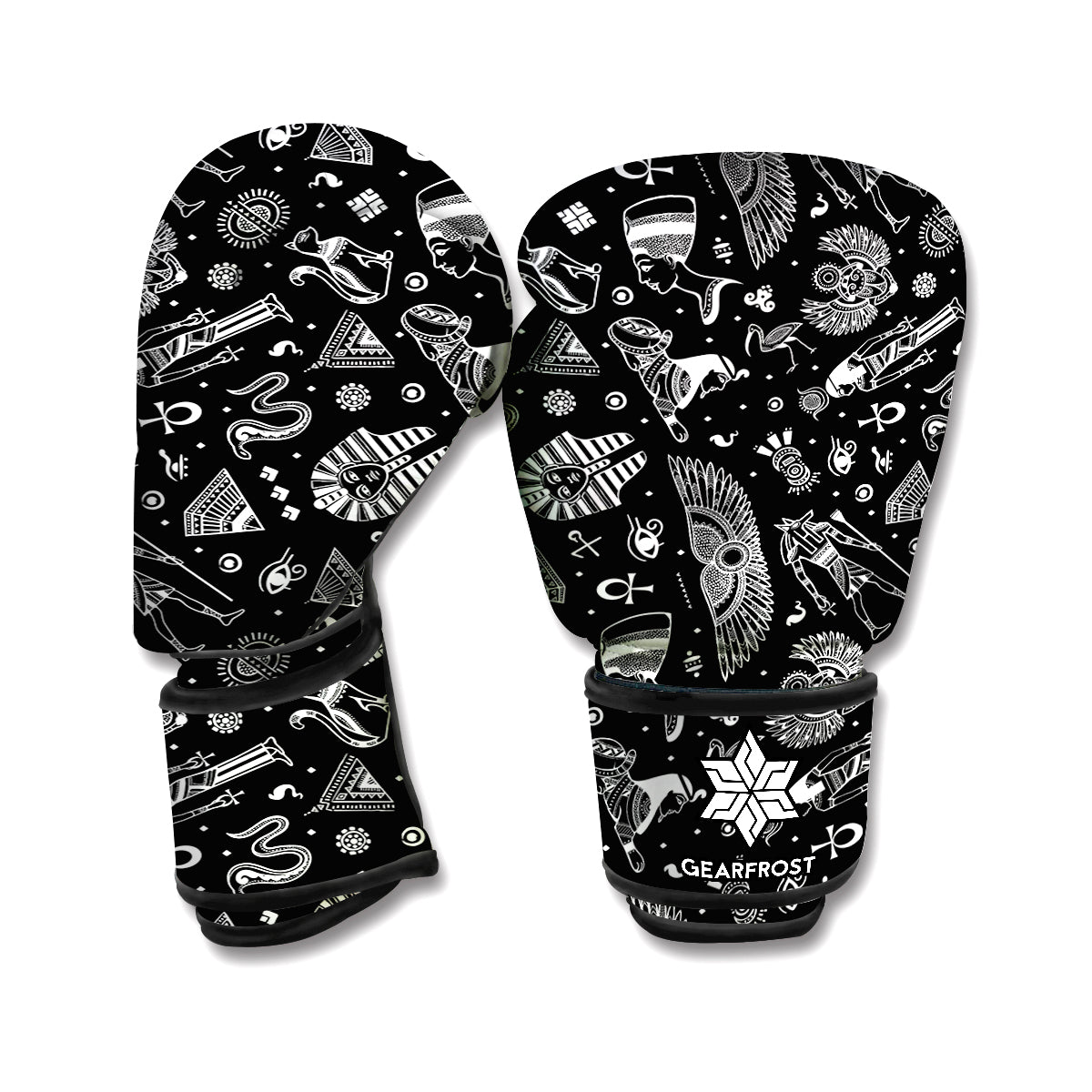 Black And White Egyptian Pattern Print Boxing Gloves