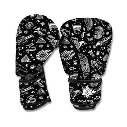 Black And White Egyptian Pattern Print Boxing Gloves