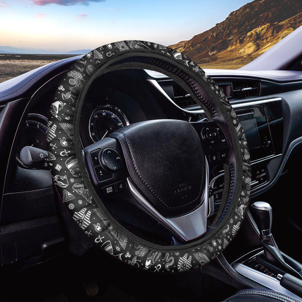 Black And White Egyptian Pattern Print Car Steering Wheel Cover