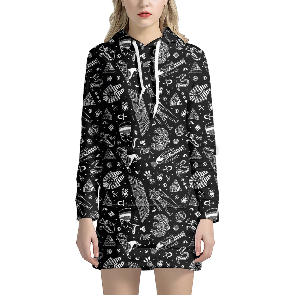 Black And White Egyptian Pattern Print Hoodie Dress