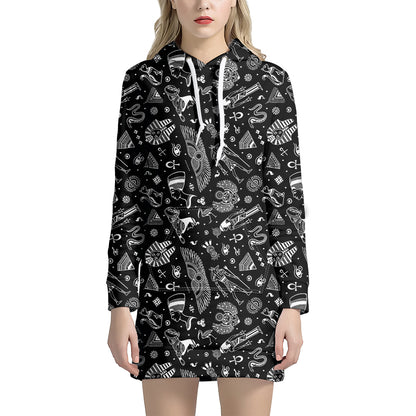 Black And White Egyptian Pattern Print Hoodie Dress