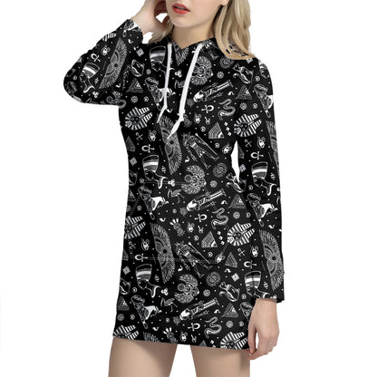 Black And White Egyptian Pattern Print Hoodie Dress