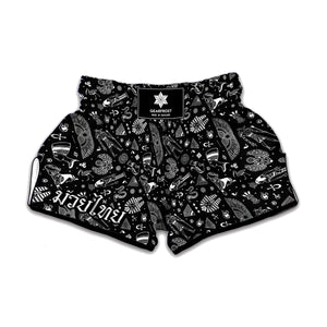 Black And White Egyptian Pattern Print Muay Thai Boxing Shorts