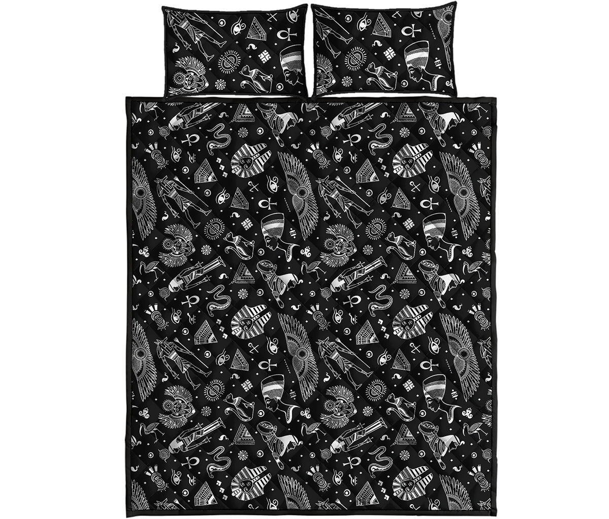 Black And White Egyptian Pattern Print Quilt Bed Set