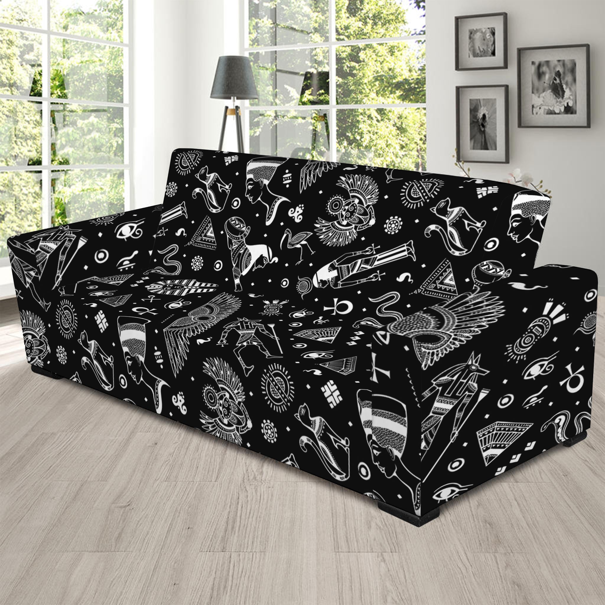 Black And White Egyptian Pattern Print Sofa Slipcover