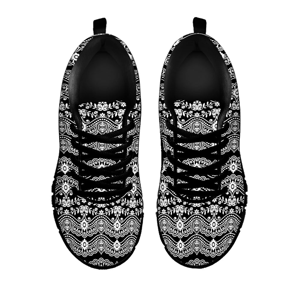 Black And White Ethnic Boho Print Black Sneakers