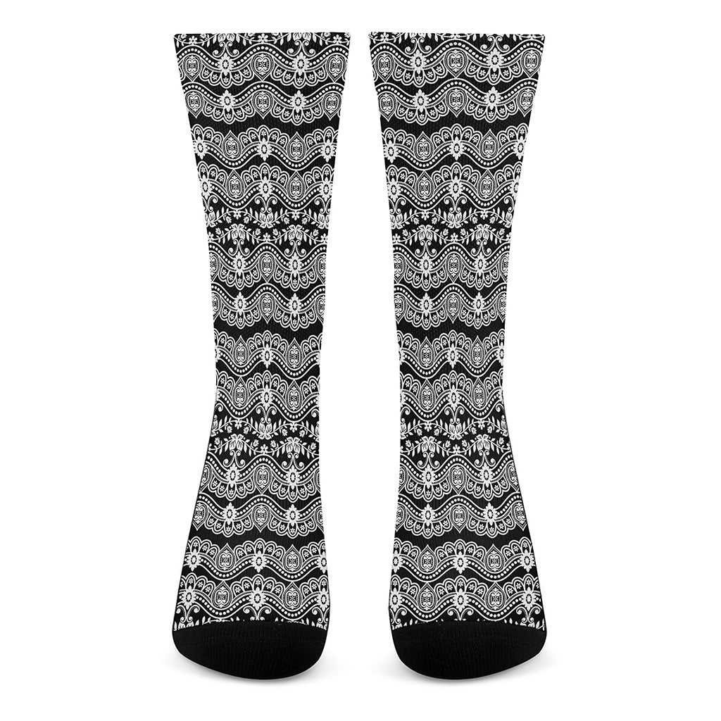 Black And White Ethnic Boho Print Crew Socks