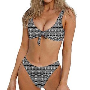 Black And White Ethnic Boho Print Front Bow Tie Bikini