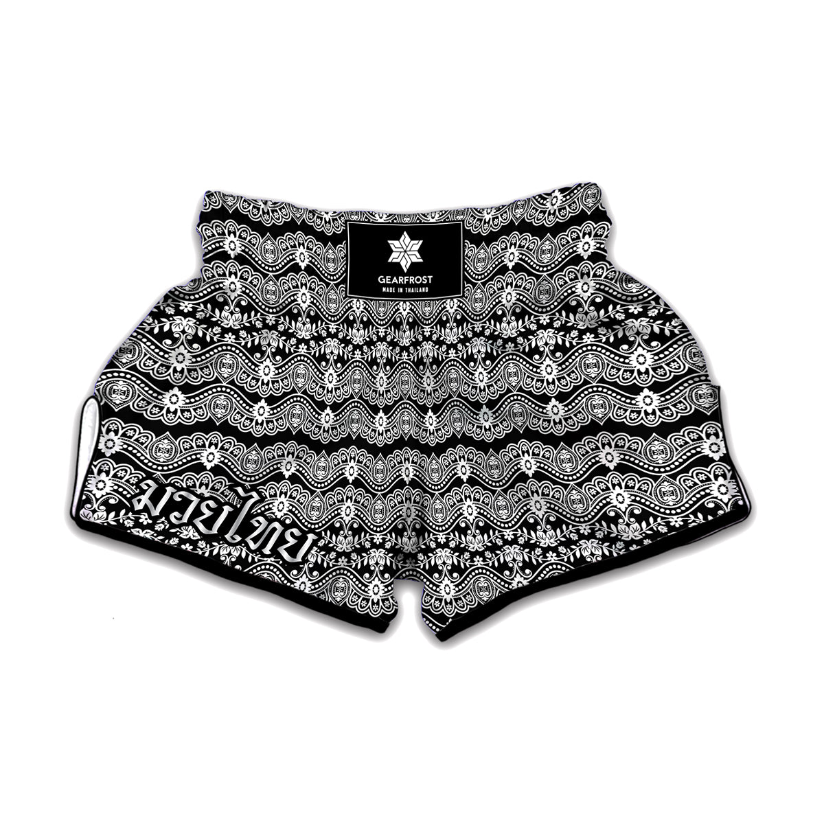 Black And White Ethnic Boho Print Muay Thai Boxing Shorts