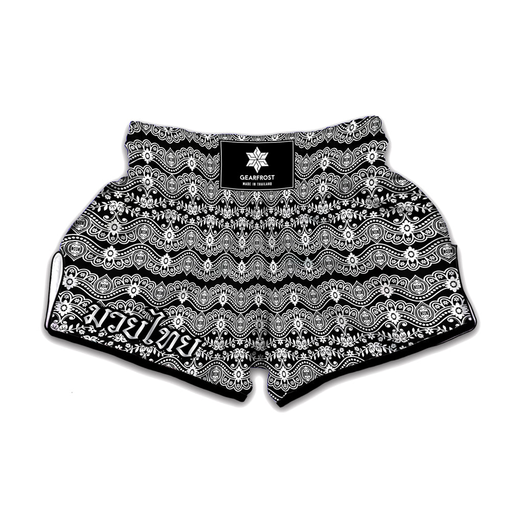 Black And White Ethnic Boho Print Muay Thai Boxing Shorts