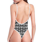 Black And White Ethnic Boho Print One Piece High Cut Swimsuit