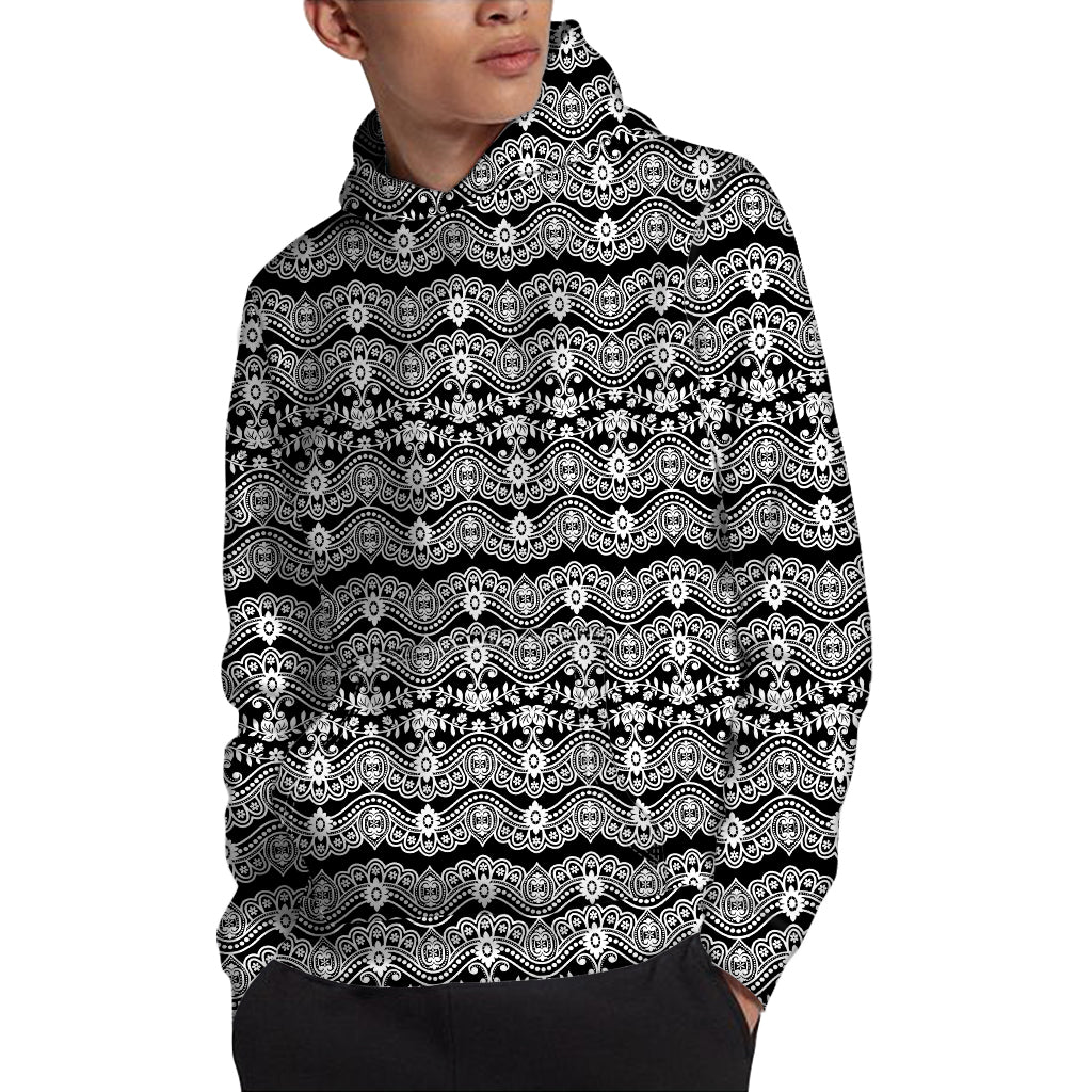 Black And White Ethnic Boho Print Pullover Hoodie