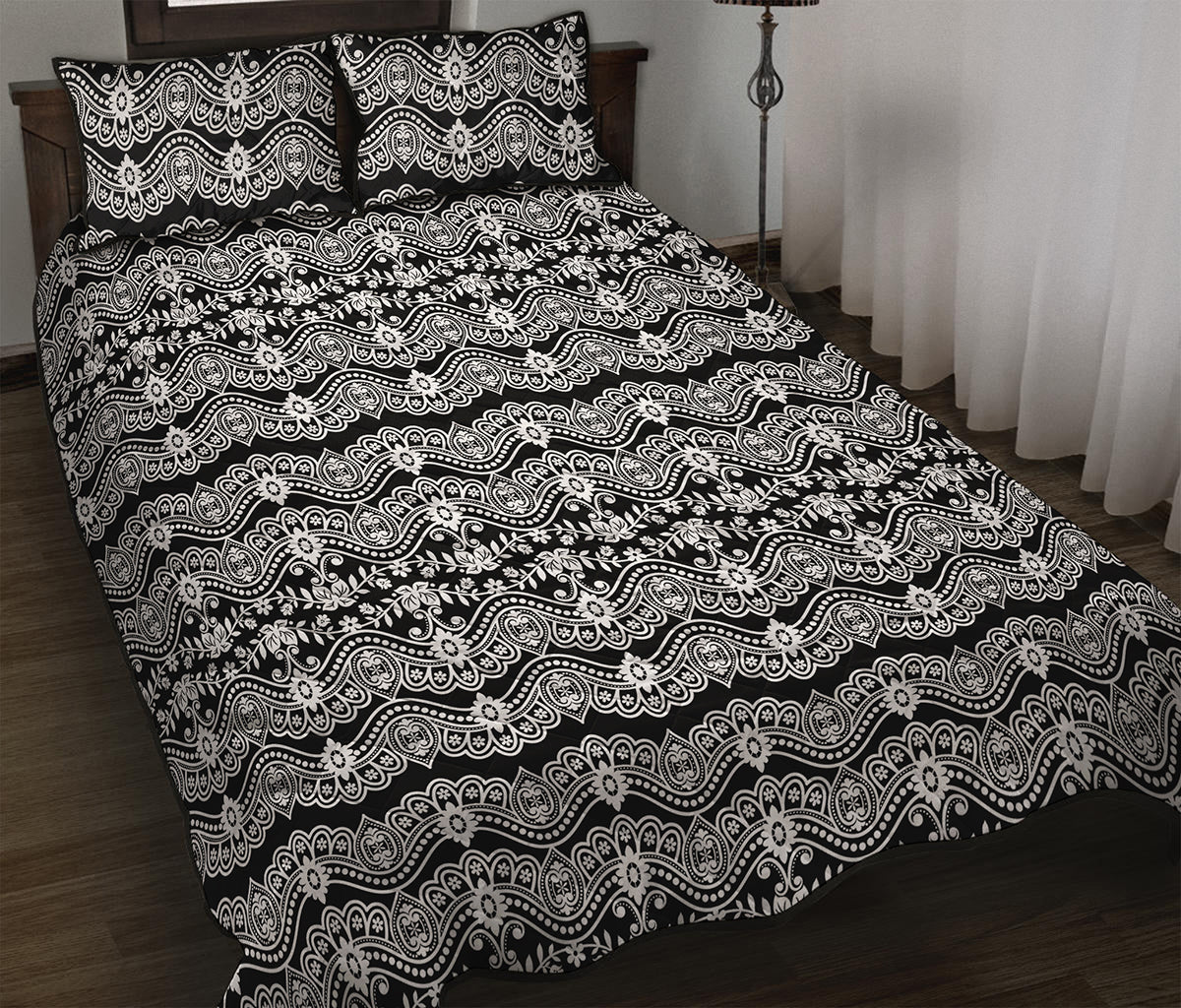 Black And White Ethnic Boho Print Quilt Bed Set
