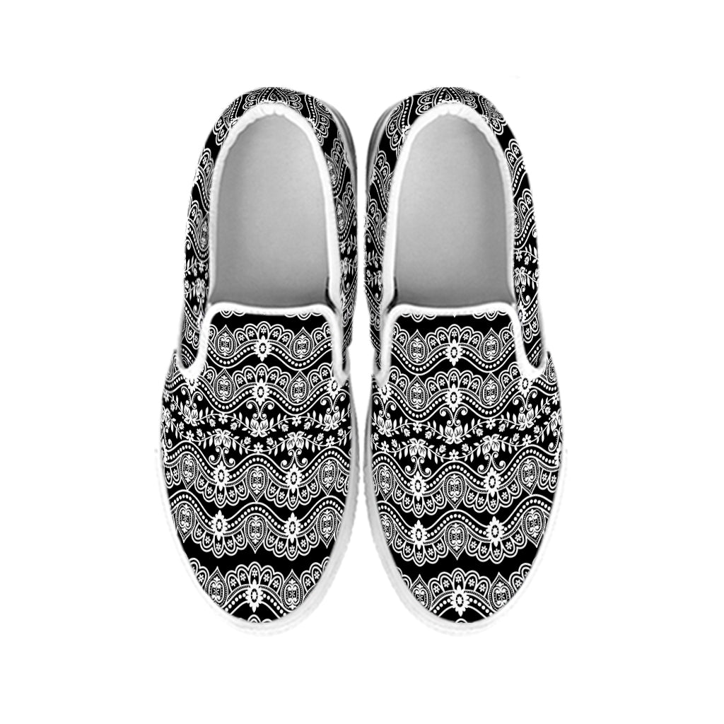 Black And White Ethnic Boho Print White Slip On Shoes