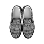 Black And White Ethnic Pattern Print Black Slip On Shoes