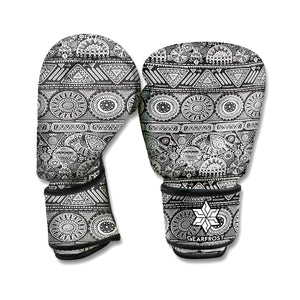 Black And White Ethnic Pattern Print Boxing Gloves