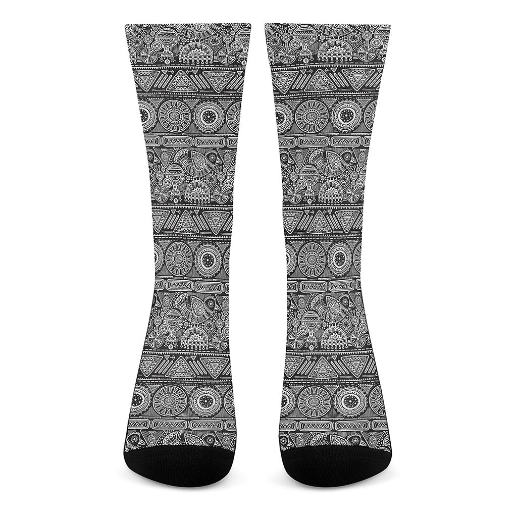 Black And White Ethnic Pattern Print Crew Socks