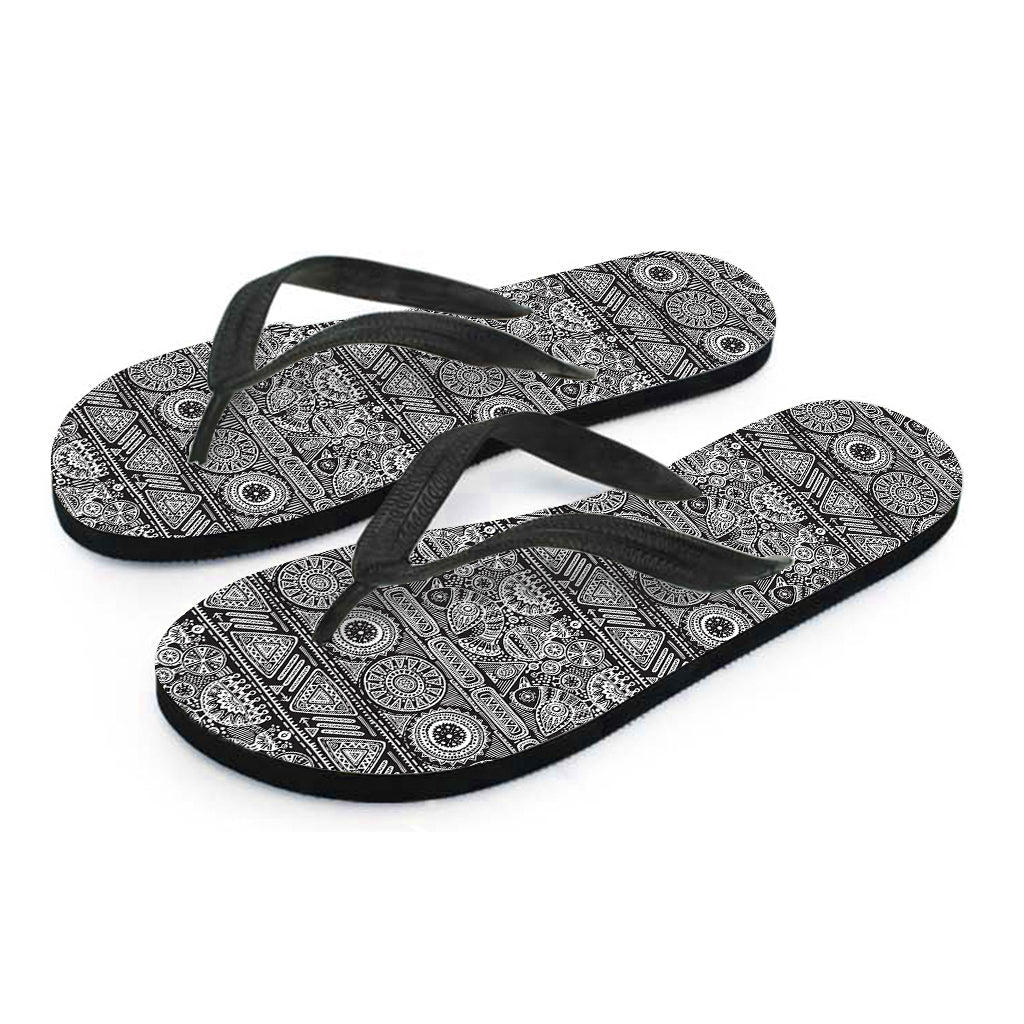 Black And White Ethnic Pattern Print Flip Flops