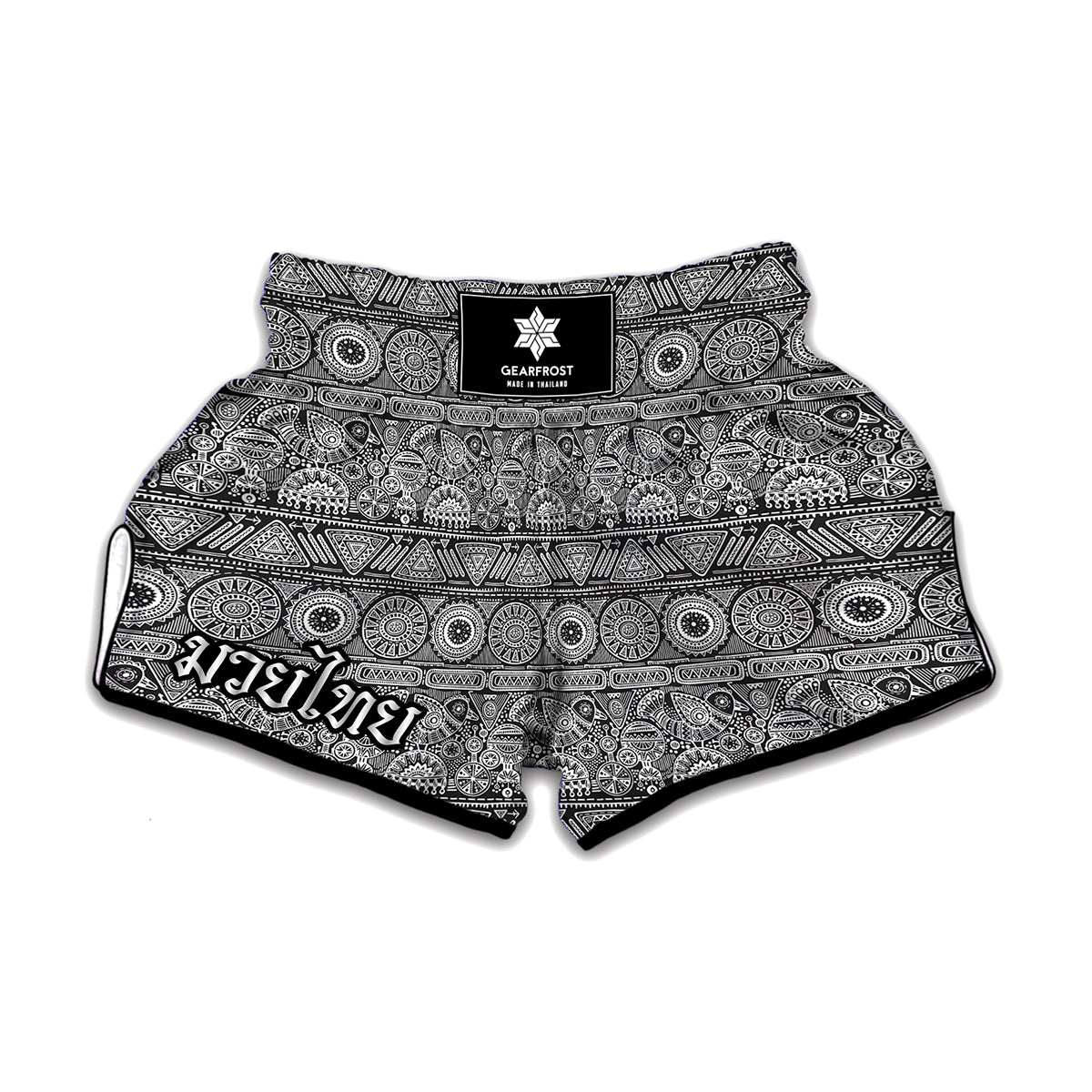 Black And White Ethnic Pattern Print Muay Thai Boxing Shorts