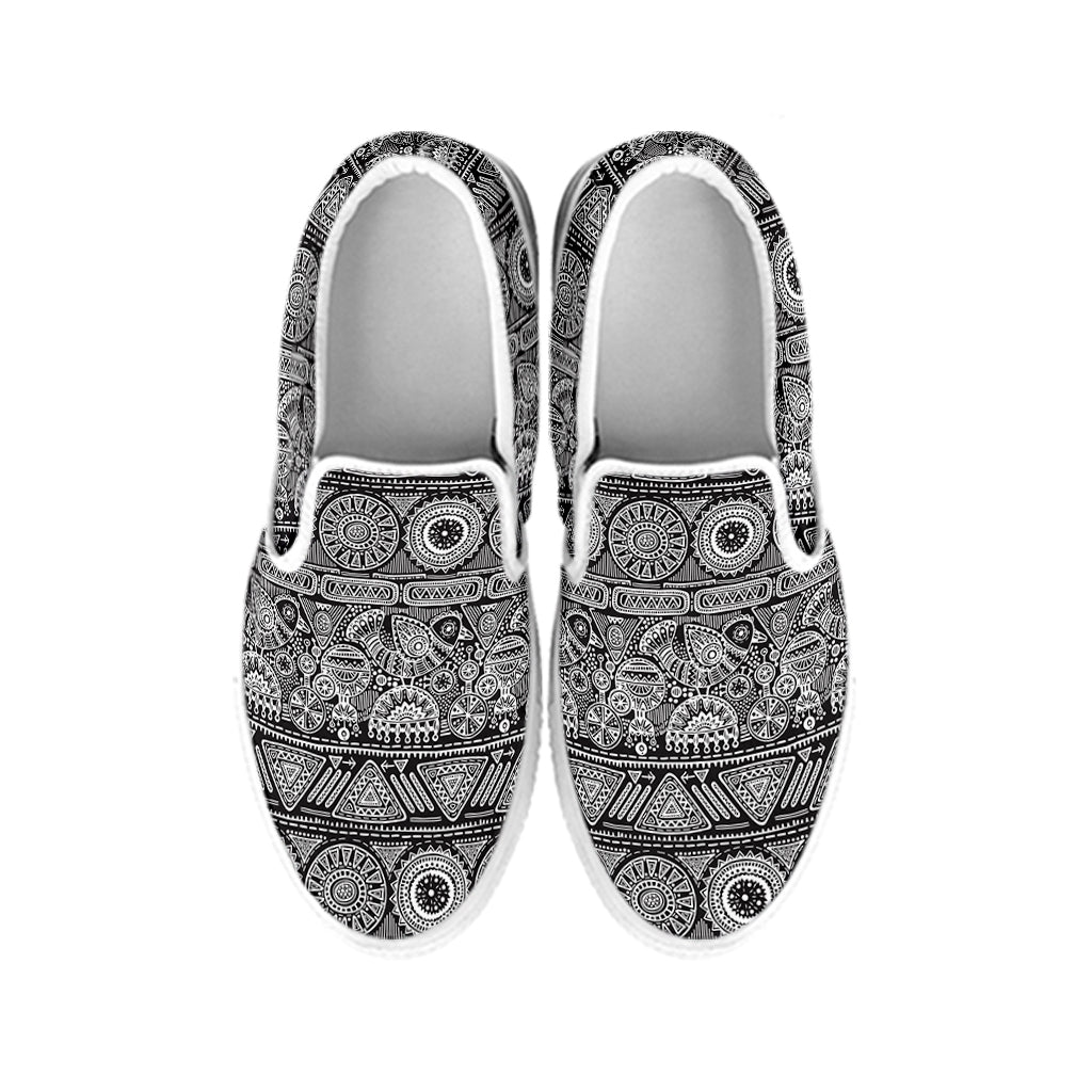 Black And White Ethnic Pattern Print White Slip On Shoes