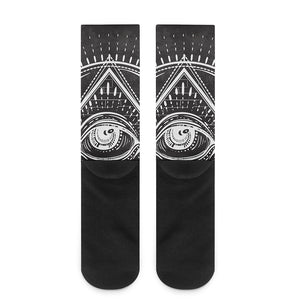 Black And White Eye of Providence Print Crew Socks