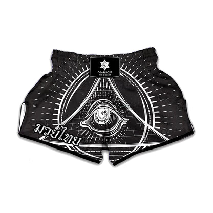 Black And White Eye of Providence Print Muay Thai Boxing Shorts