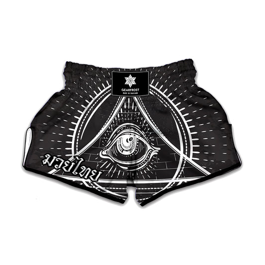 Black And White Eye of Providence Print Muay Thai Boxing Shorts