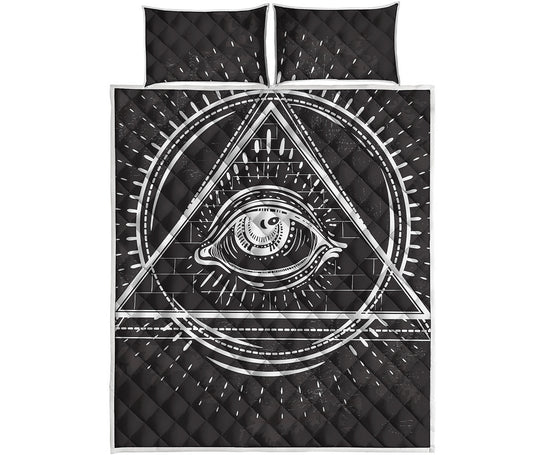 Black And White Eye of Providence Print Quilt Bed Set
