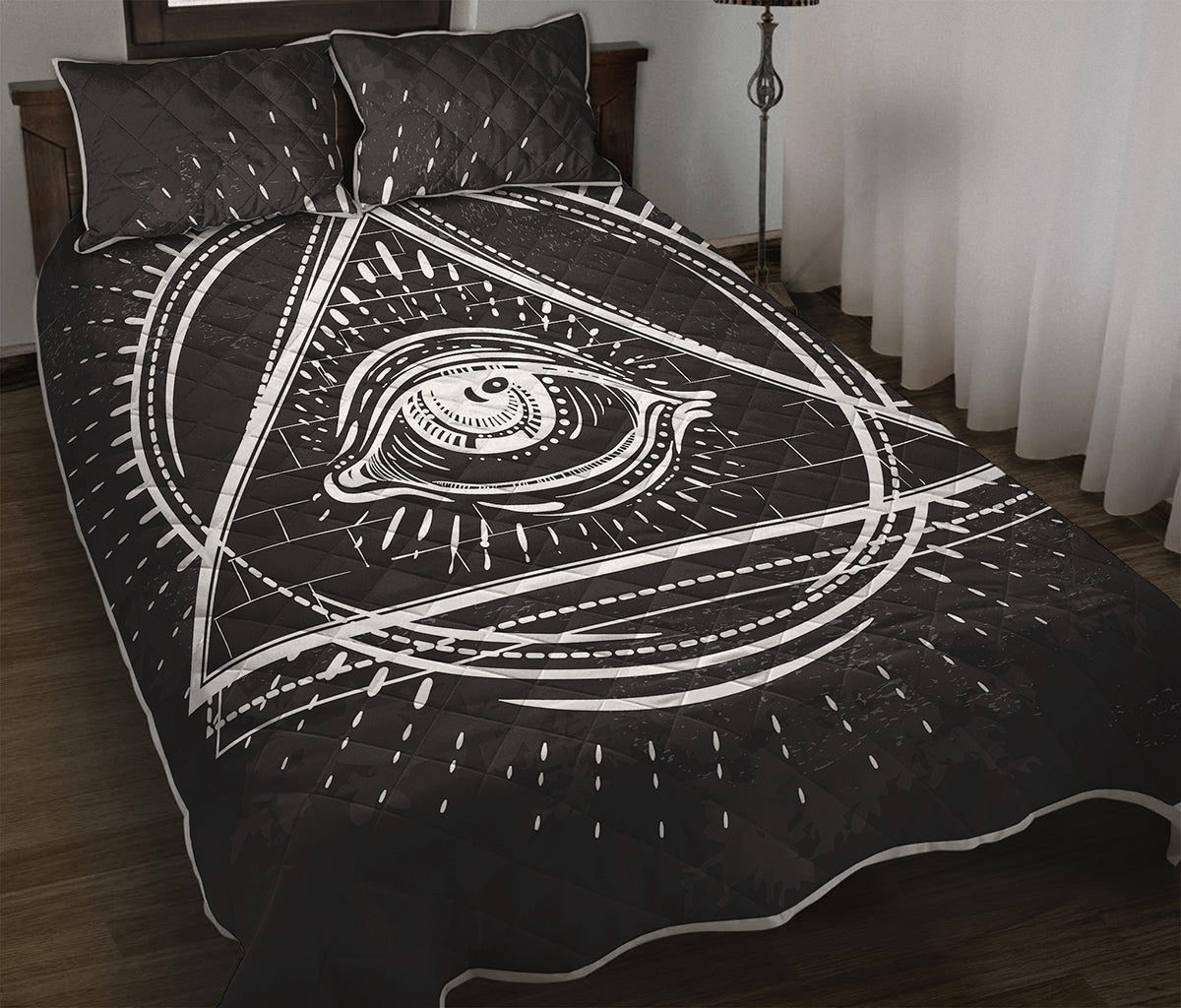 Black And White Eye of Providence Print Quilt Bed Set