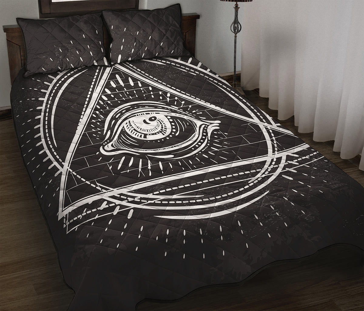 Black And White Eye of Providence Print Quilt Bed Set