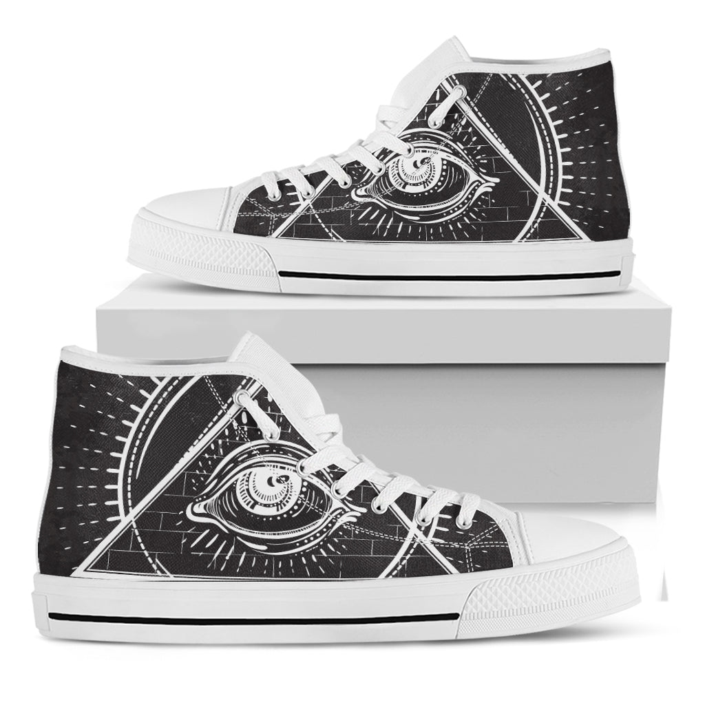 Black And White Eye of Providence Print White High Top Shoes