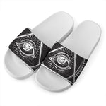Black And White Eye of Providence Print White Slide Sandals