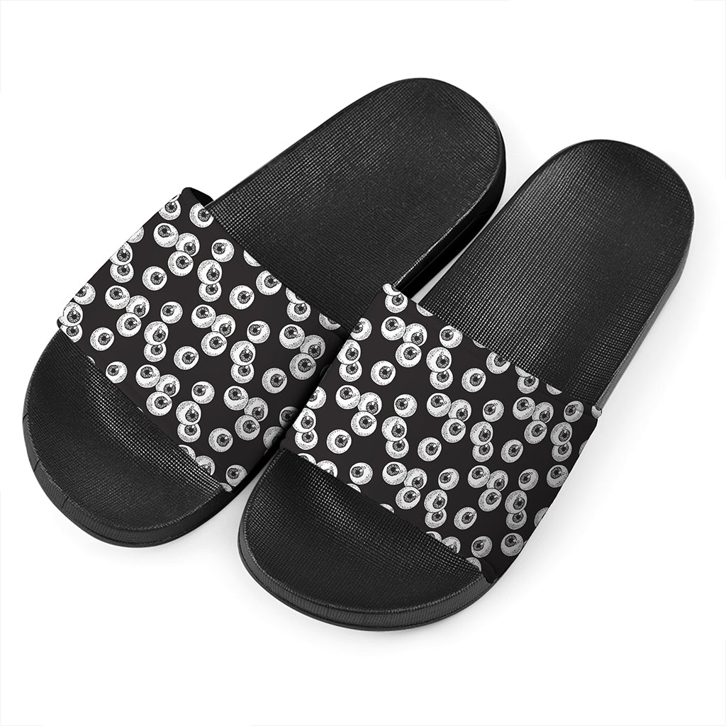 Black And White Eyeball Pattern Print Black Slide Sandals