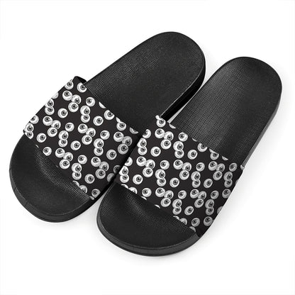 Black And White Eyeball Pattern Print Black Slide Sandals