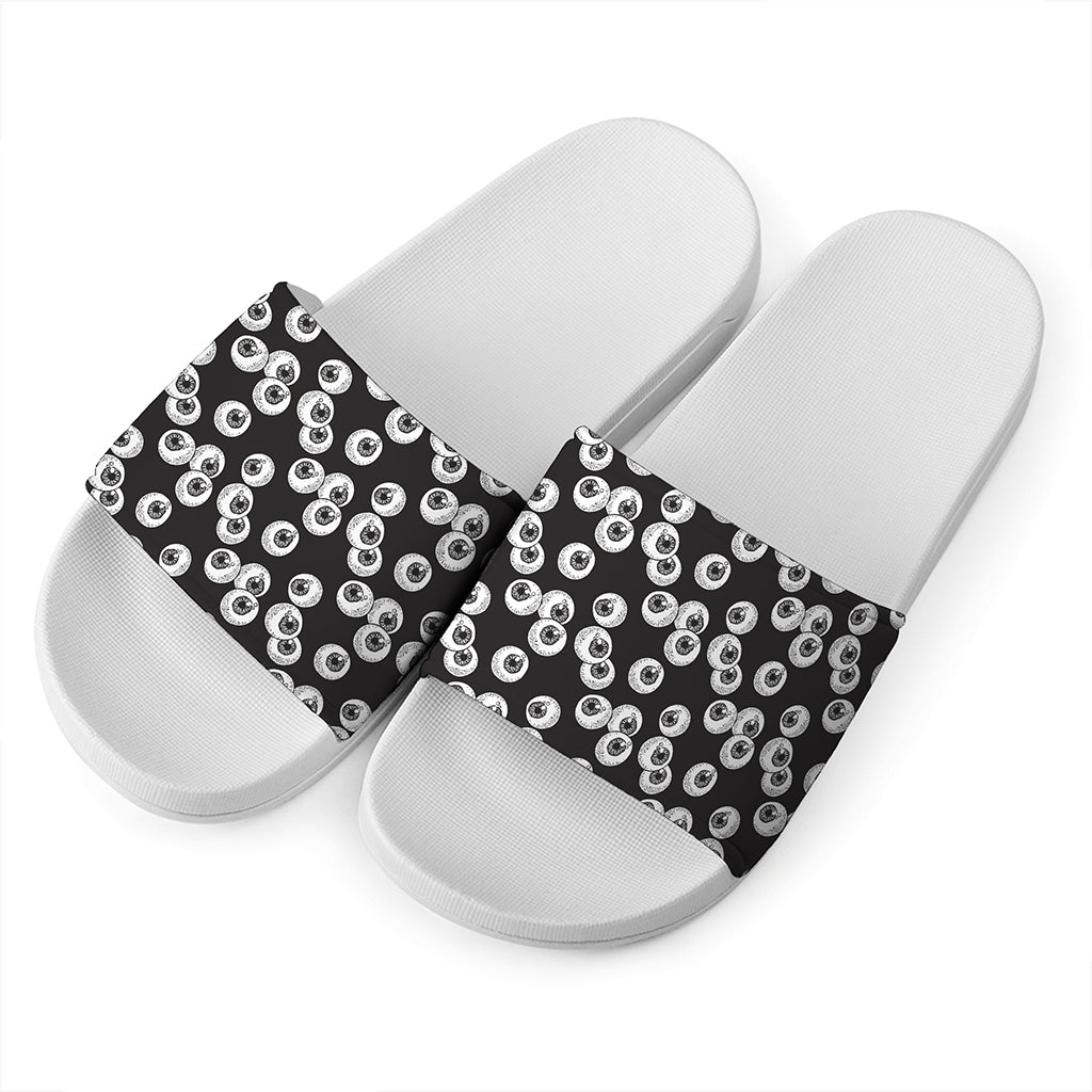 Black And White Eyeball Pattern Print White Slide Sandals