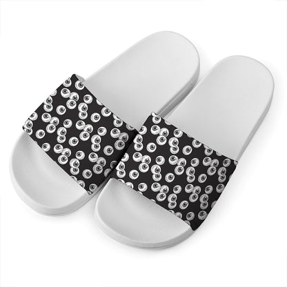 Black And White Eyeball Pattern Print White Slide Sandals
