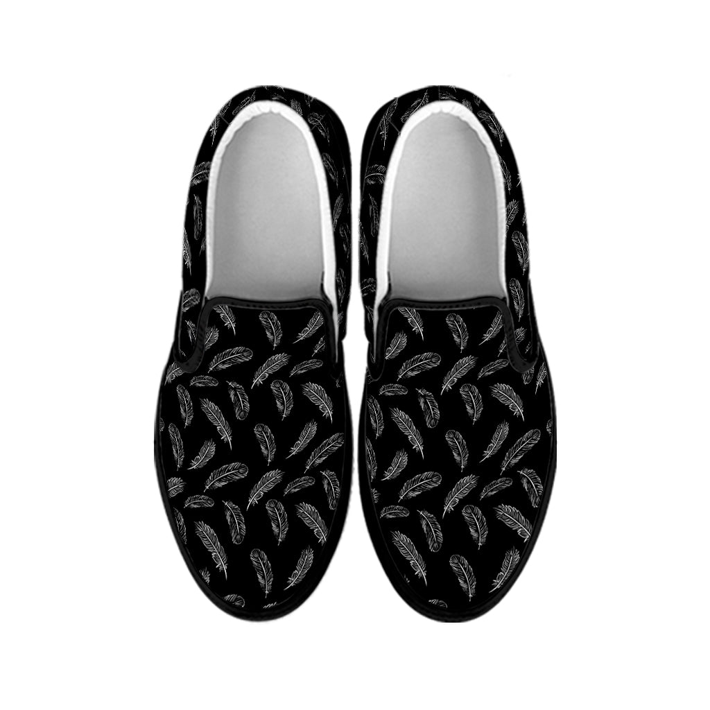 Black And White Feather Pattern Print Black Slip On Shoes