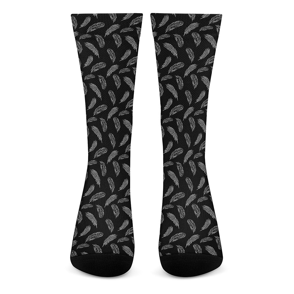 Black And White Feather Pattern Print Crew Socks