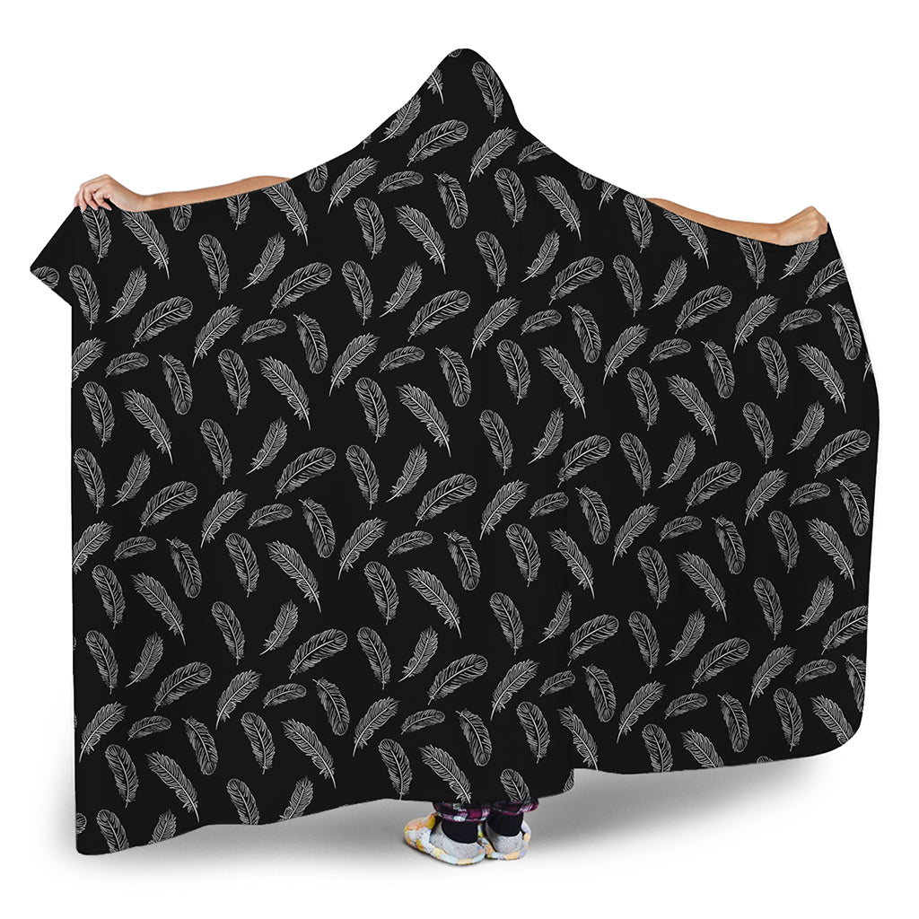Black And White Feather Pattern Print Hooded Blanket